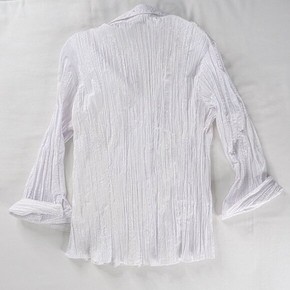 Y2k White Crinkle Fabric Long Sleeve Button Up Collared Floral Embroidered Top - Picture 4 of 8